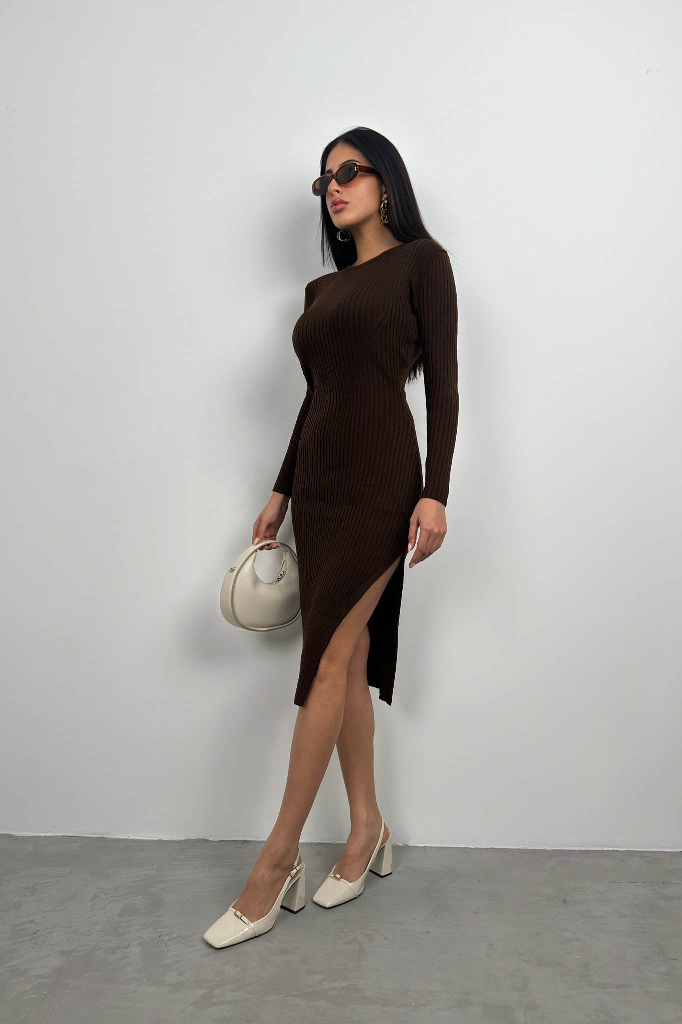 Slit Brown Knit Dress 