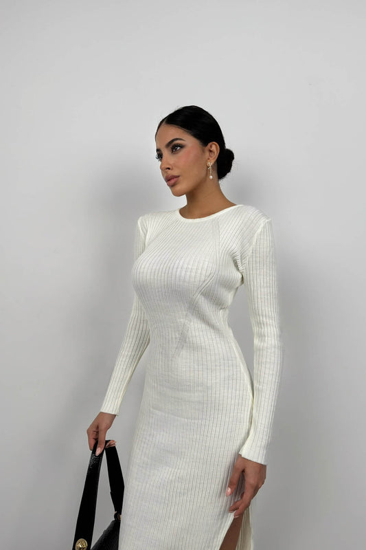 Slit Ecru Knit Dress 