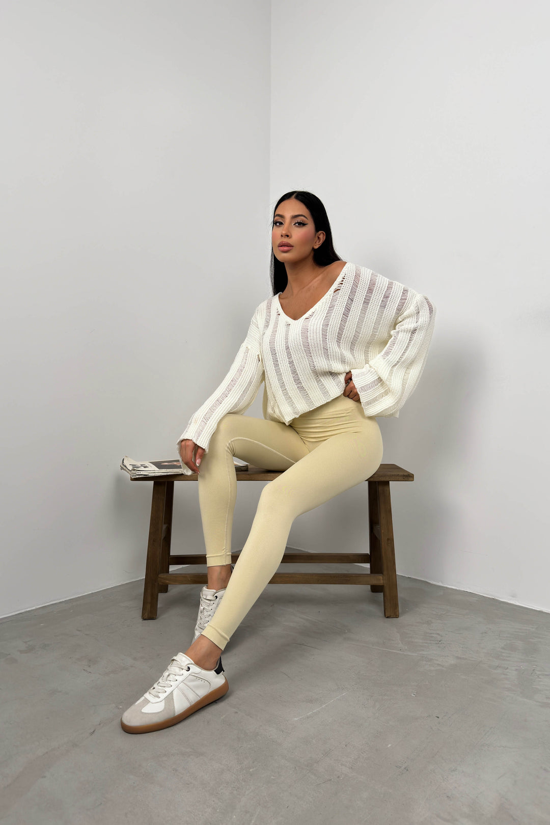 Yüksek Bel Bej Dikişsiz Tayt