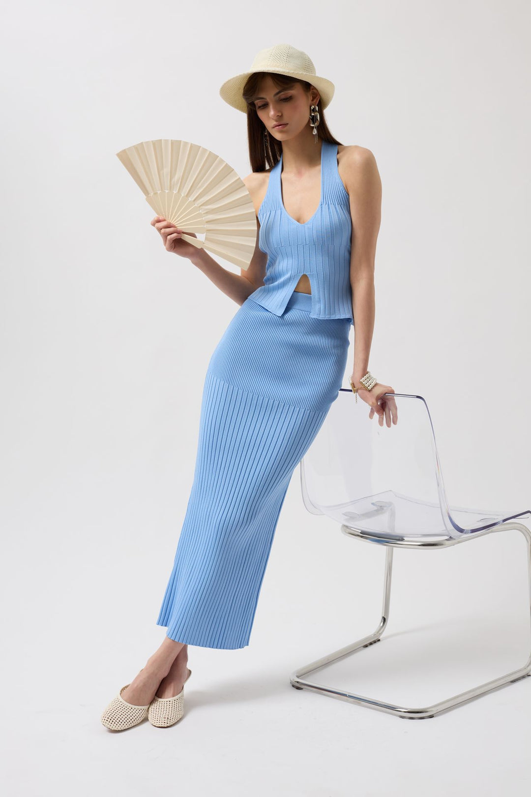 Yüksek Bel Dokulu Bebe Mavi Etek