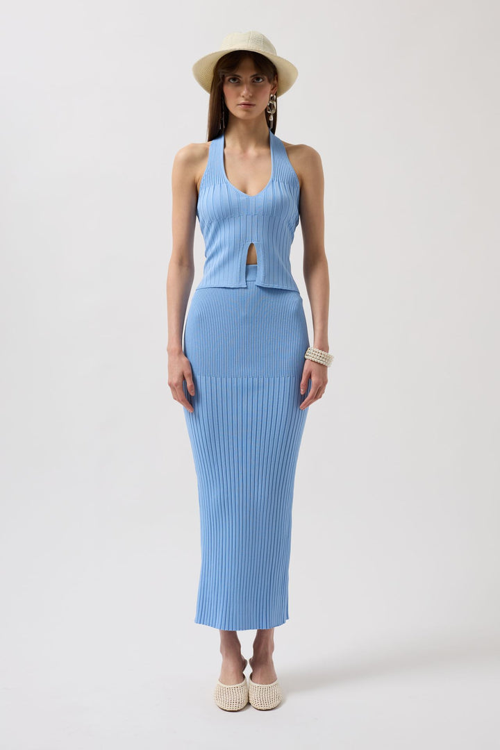 Yüksek Bel Dokulu Bebe Mavi Etek