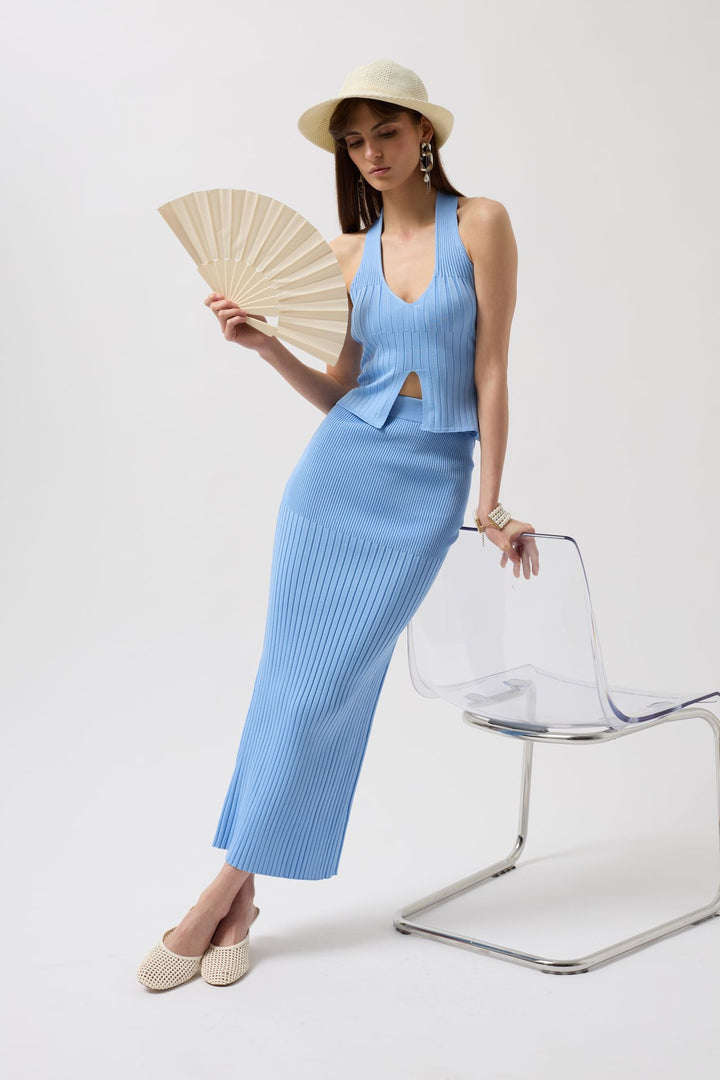 Yüksek Bel Dokulu Bebe Mavi Etek