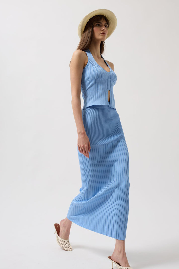 Yüksek Bel Dokulu Bebe Mavi Etek