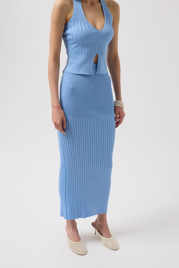 Yüksek Bel Dokulu Bebe Mavi Etek