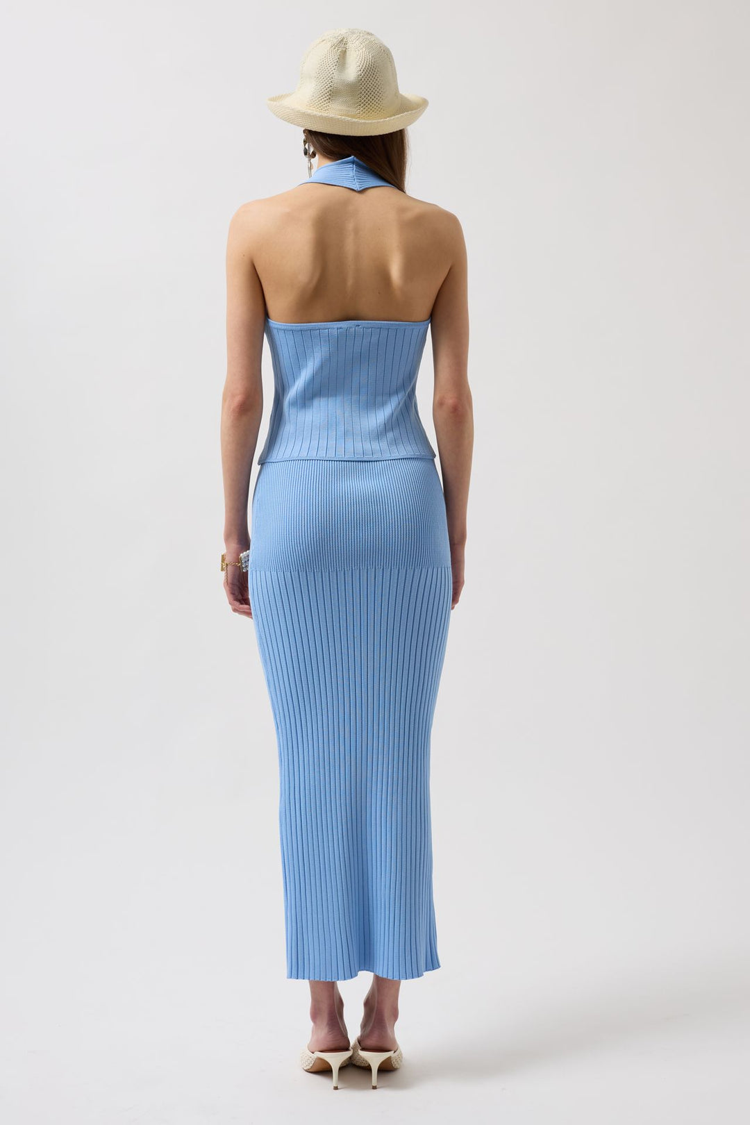 Yüksek Bel Dokulu Bebe Mavi Etek