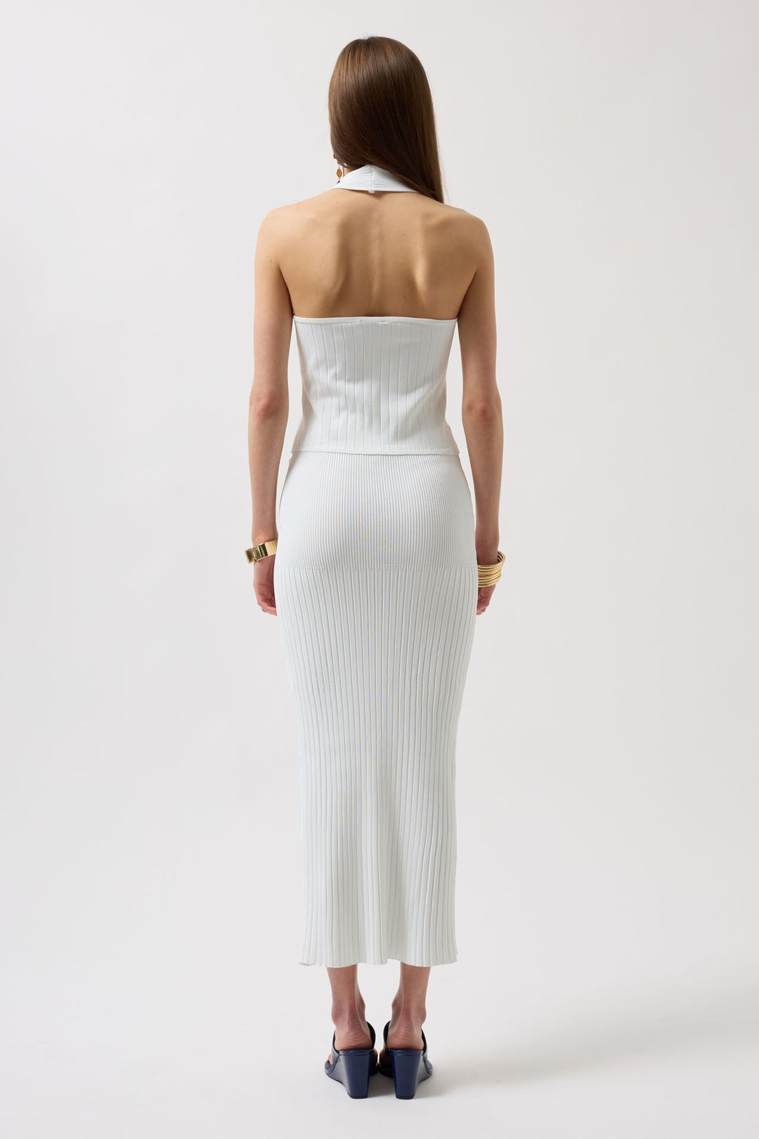 Yüksek Bel Dokulu Beyaz Etek