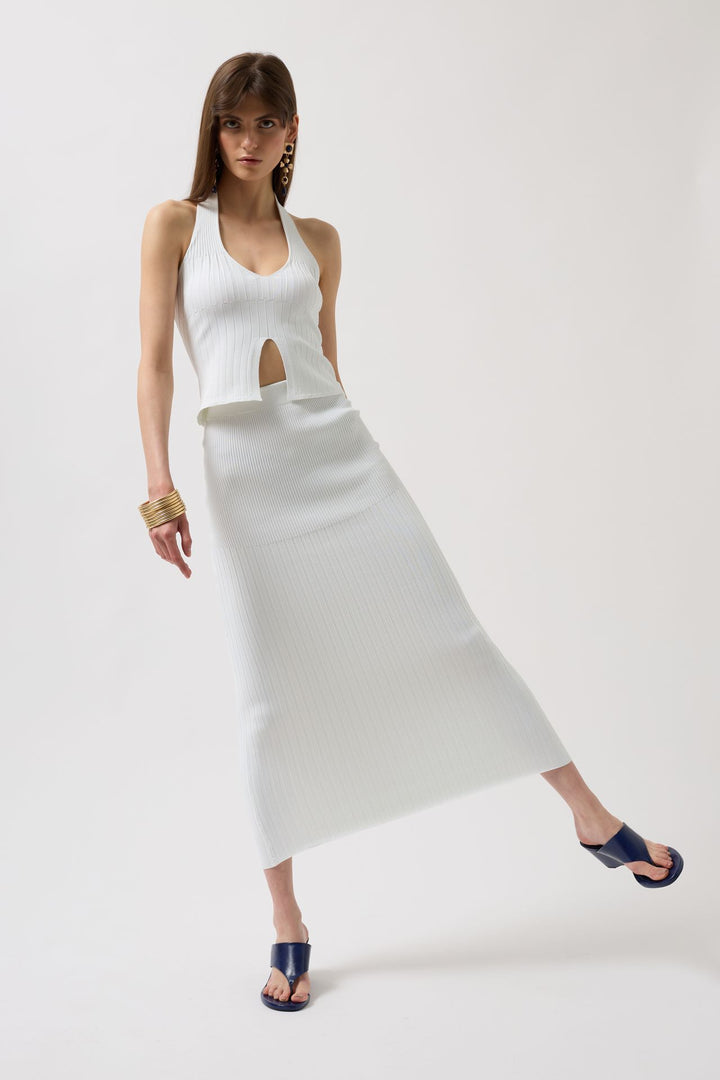 Yüksek Bel Dokulu Beyaz Etek