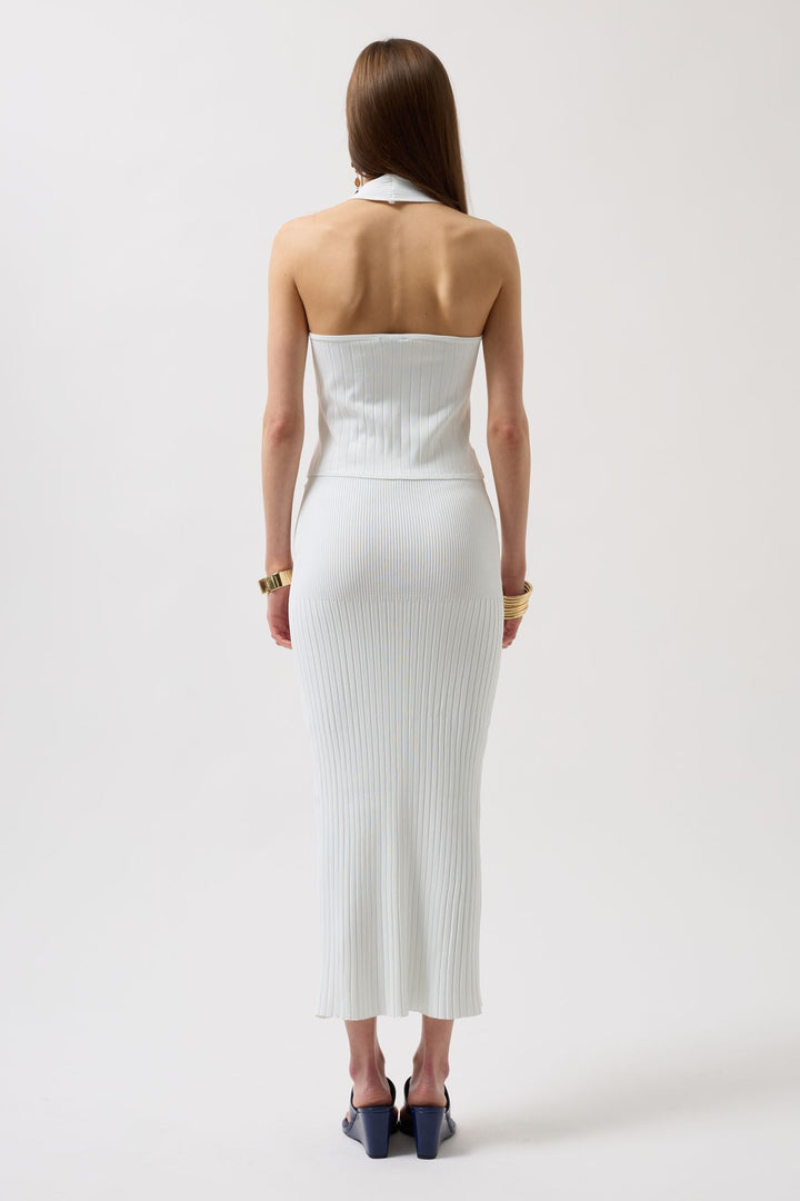 Yüksek Bel Dokulu Beyaz Etek