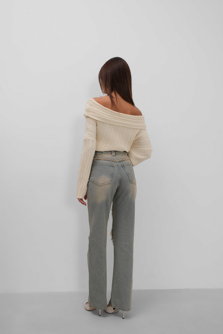 Yüksek Bel Püskül Detaylı Açık Mavi Jean