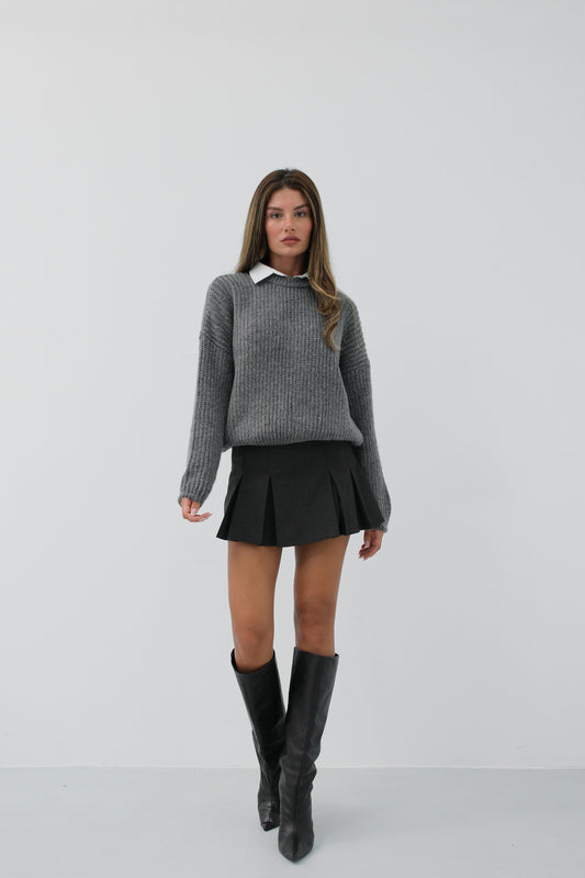 Round Neck Gray Oversize Knitted Sweater 