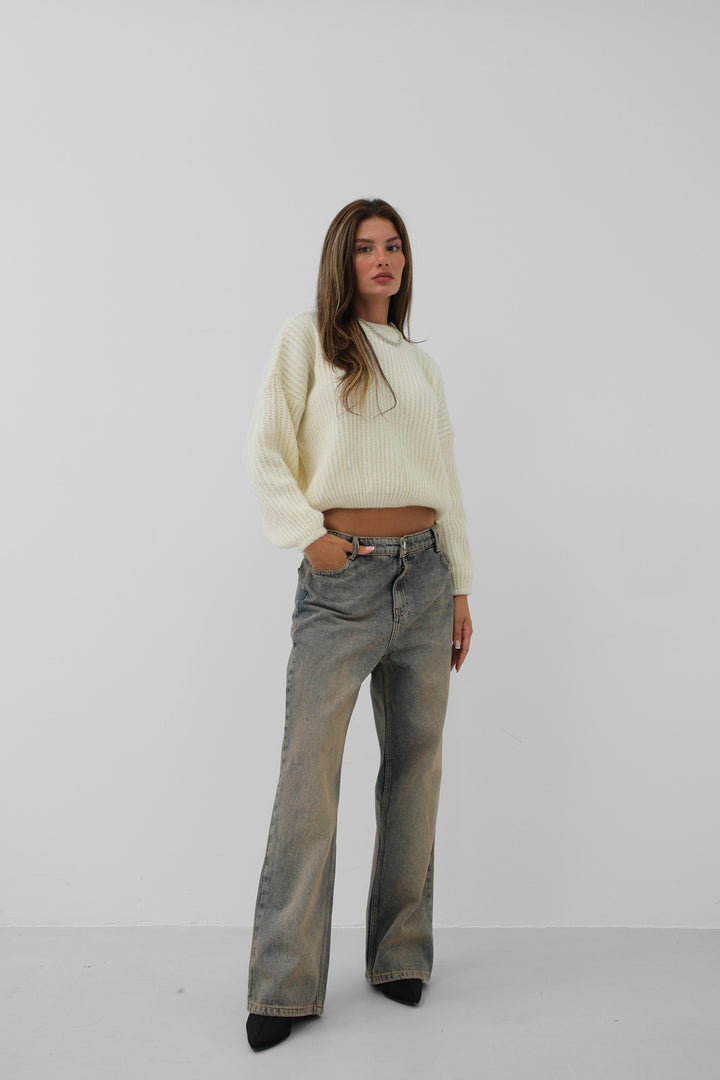 Yuvarlak Yakalı Ekru Oversize Triko Kazak