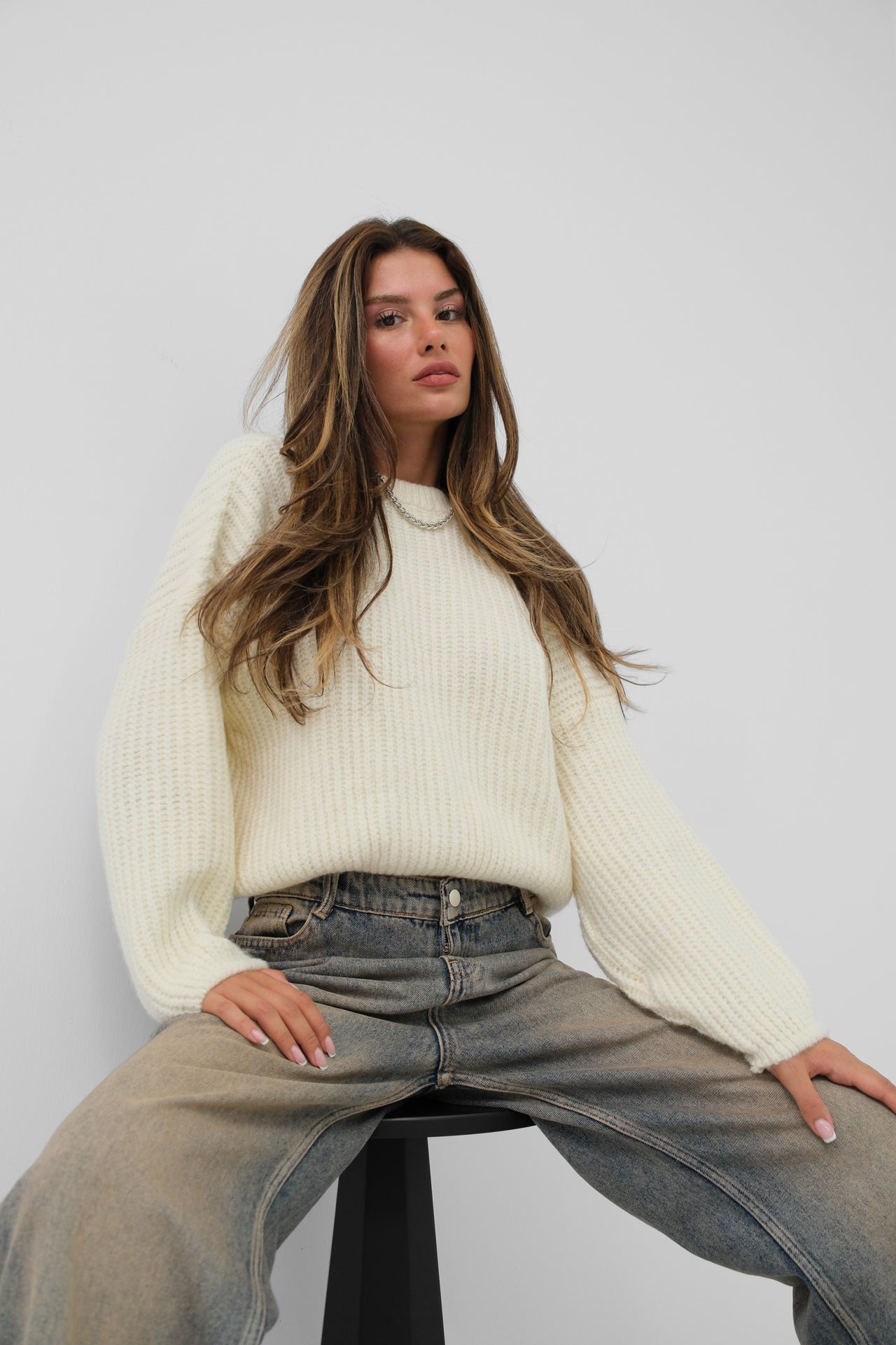 Round Neck Ecru Oversize Knitted Sweater 