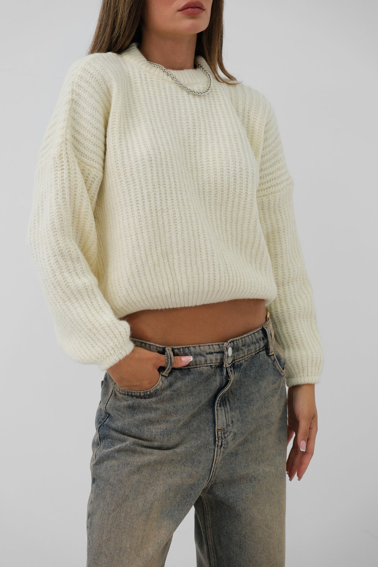 Round Neck Ecru Oversize Knitted Sweater 