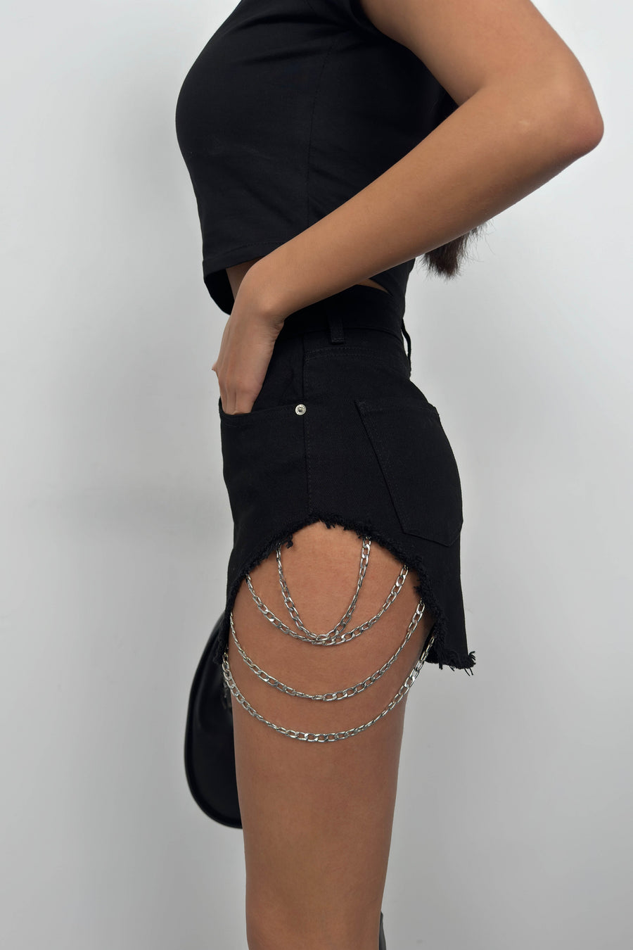 Chain Black Denim Shorts